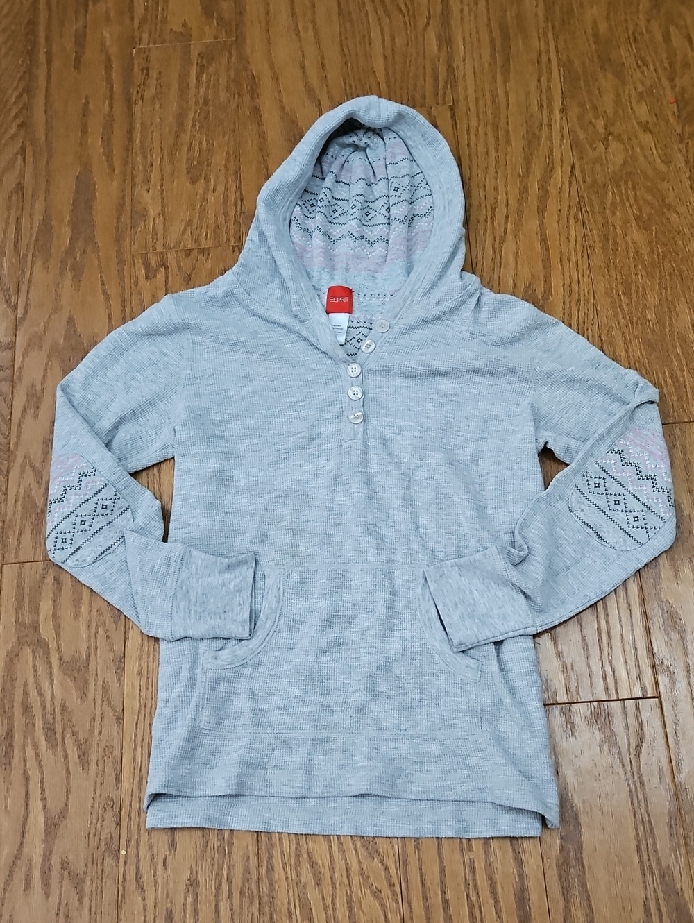 Esprit Gray Waffle Knit Elbow Patch Button Hoodie Sz Small